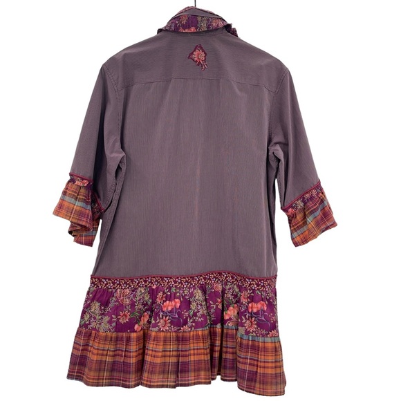 Custom OOAK Upcycled Tunic 3/4 Sleeves Button Up Ruffle Hem Mixed Print | M/L - Picture 3 of 11